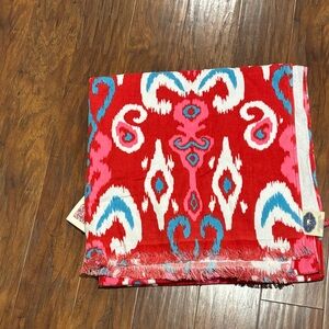 John Robshaw Red Ikat Pattern Towel w/ Pink & Turquoise Accents